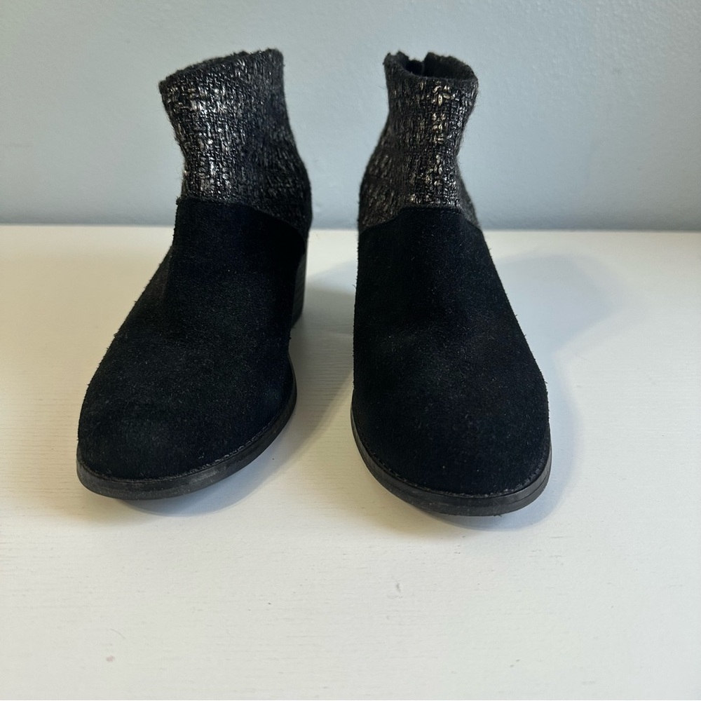 TOMS Leila Suede Black Metallic Tweed Block Heel Booties Sz 6